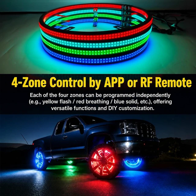 Alt view image 4 of 7 - 4Pcs 17" Double Side Double Row RGB+White Wheel Lights for Truck Car,5184 LEDs Wheel Weel Ring Tire Rim Lighting kit,APP RF Remote Control,Music Timing DIY Modes,Brake Courtesy Function