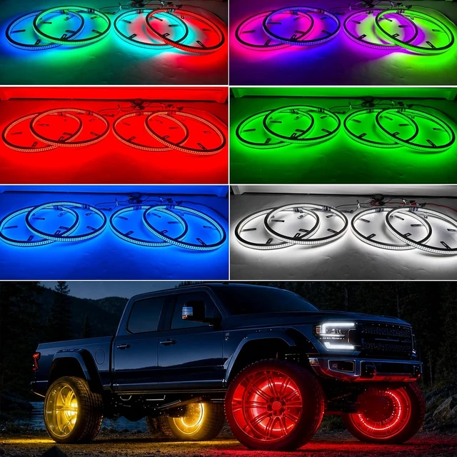 Alt view image 6 of 7 - 4Pcs 17" Double Side Double Row RGB+White Wheel Lights for Truck Car,5184 LEDs Wheel Weel Ring Tire Rim Lighting kit,APP RF Remote Control,Music Timing DIY Modes,Brake Courtesy Function