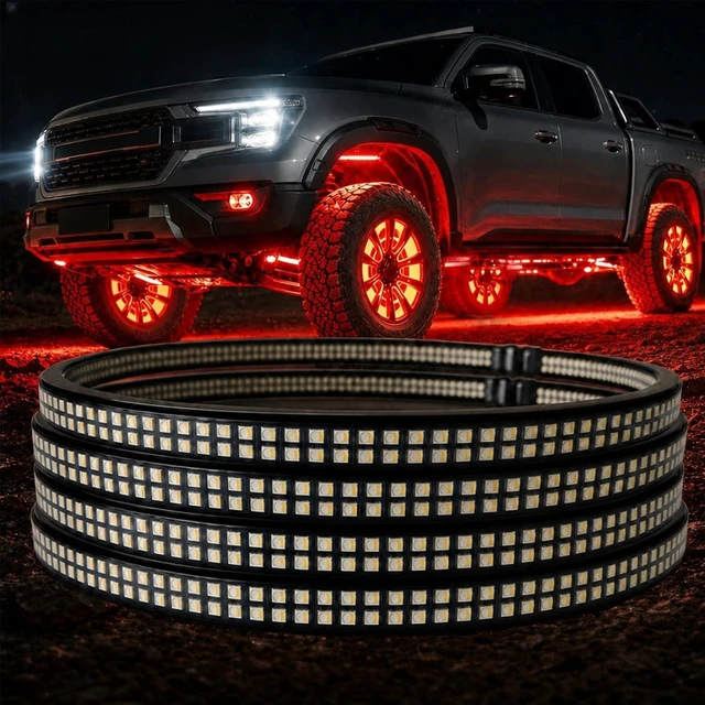 Main image of 4Pcs 17" Double Side Double Row RGB+White Wheel Lights for Truck Car,5184 LEDs Wheel Weel Ring Tire Rim Lighting kit,APP RF Remote Control,Music Timing DIY Modes,Brake Courtesy Function