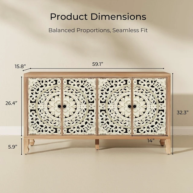 Alt view image 2 of 7 - 59" Solid Wood Buffet Cabinet, Accent Cabinet with 4 Carved Doors