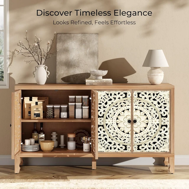 Alt view image 5 of 7 - 59" Solid Wood Buffet Cabinet, Accent Cabinet with 4 Carved Doors