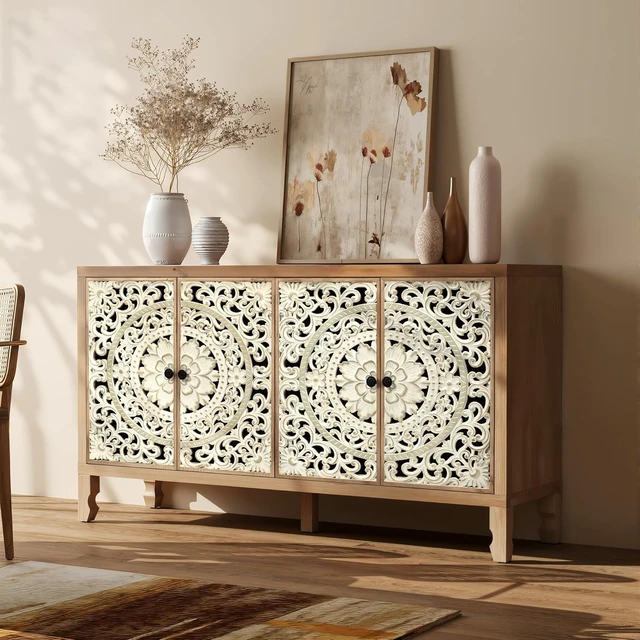 Alt view image 6 of 7 - 59" Solid Wood Buffet Cabinet, Accent Cabinet with 4 Carved Doors