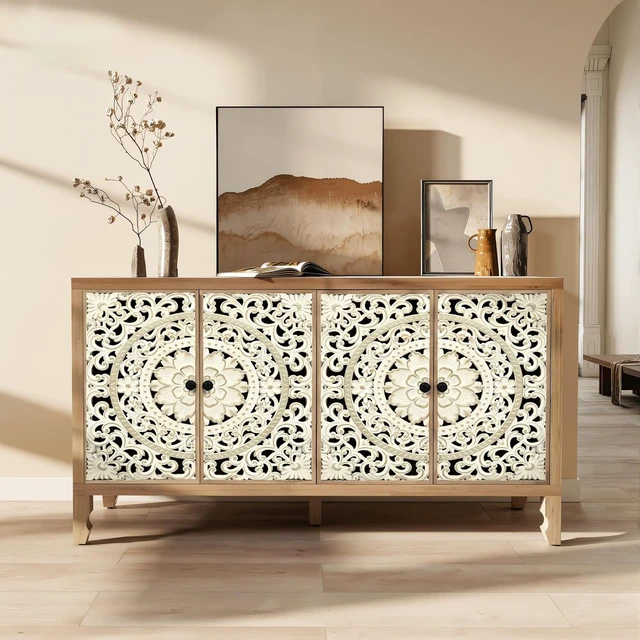 Alt view image 7 of 7 - 59" Solid Wood Buffet Cabinet, Accent Cabinet with 4 Carved Doors
