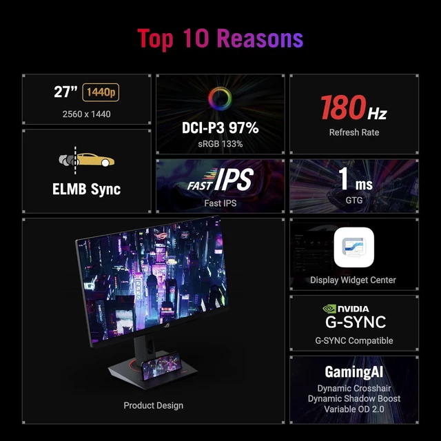 Alt view image 3 of 7 - ROG XG27ACS 27 Inch 1440p 180Hz USB-C G-SYNC HDR Gaming Monitor