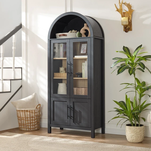 Main image of 71" Tall Arched Display Cabinet with Glass Doors, 5-Tier Bookshelf