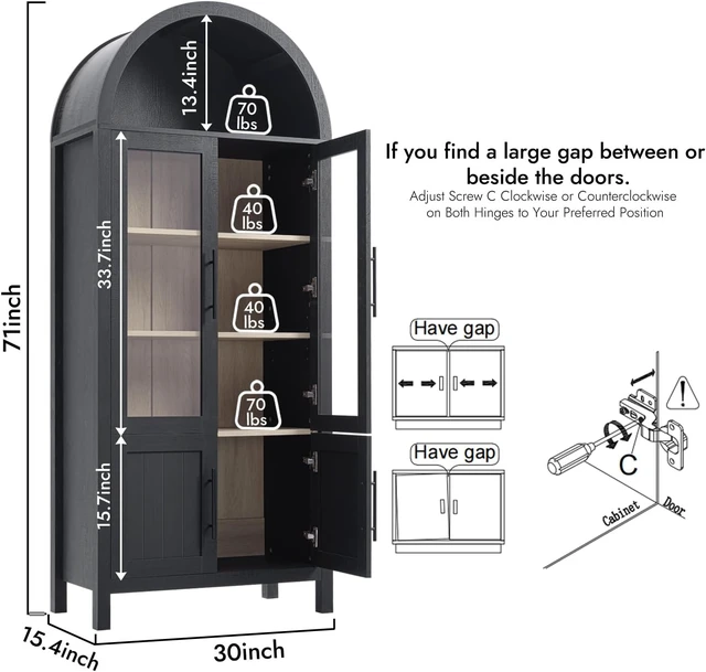 Alt view image 2 of 6 - 71" Tall Arched Display Cabinet with Glass Doors, 5-Tier Bookshelf