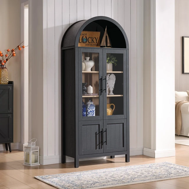 Alt view image 3 of 6 - 71" Tall Arched Display Cabinet with Glass Doors, 5-Tier Bookshelf