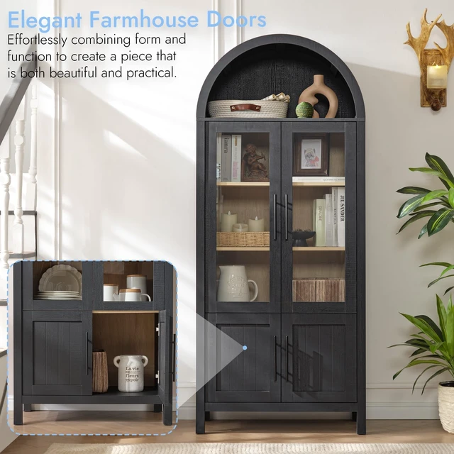 Alt view image 5 of 6 - 71" Tall Arched Display Cabinet with Glass Doors, 5-Tier Bookshelf