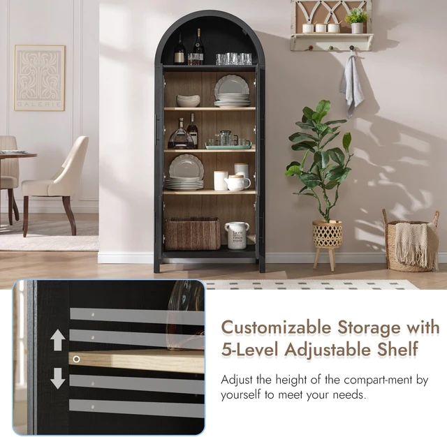 Alt view image 4 of 6 - 71" Tall Arched Display Cabinet with Glass Doors, 5-Tier Bookshelf