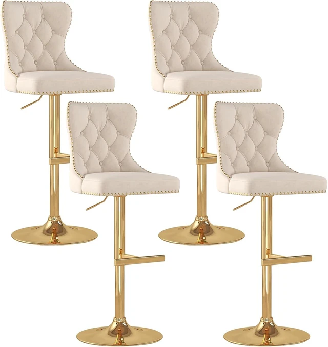 Main image of Velvet Swivel Bar Stools Set of 4 with Tufted Back & Gold Base, Beige