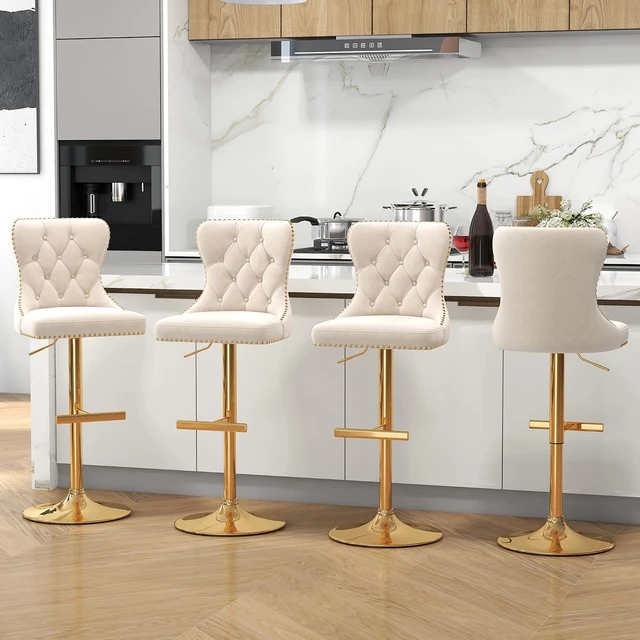 Alt view image 2 of 7 - Velvet Swivel Bar Stools Set of 4 with Tufted Back & Gold Base, Beige