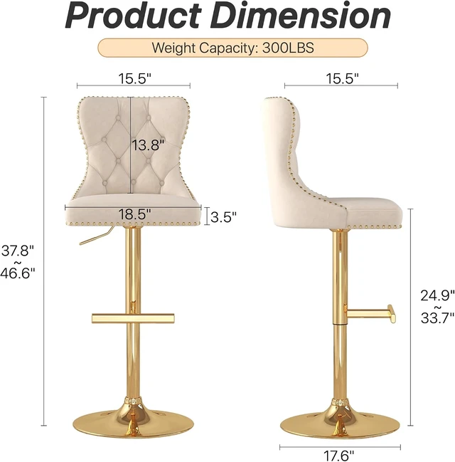 Alt view image 3 of 7 - Velvet Swivel Bar Stools Set of 4 with Tufted Back & Gold Base, Beige