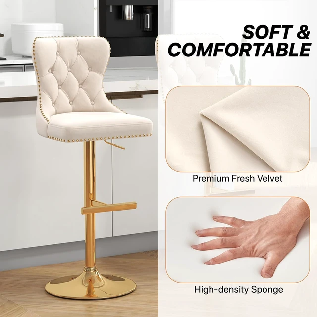Alt view image 4 of 7 - Velvet Swivel Bar Stools Set of 4 with Tufted Back & Gold Base, Beige