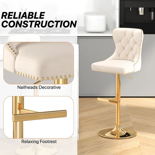 Alt view image 5 of 7 - Velvet Swivel Bar Stools Set of 4 with Tufted Back & Gold Base, Beige