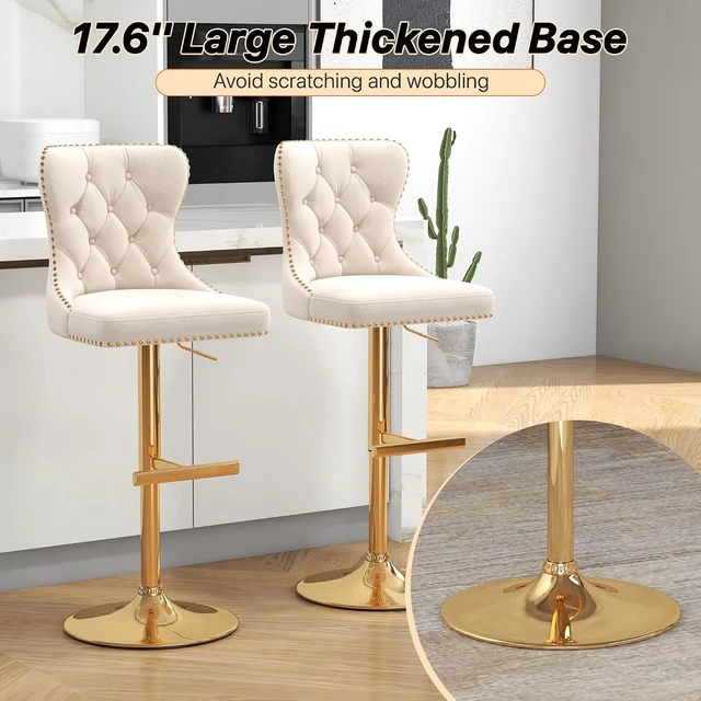 Alt view image 6 of 7 - Velvet Swivel Bar Stools Set of 4 with Tufted Back & Gold Base, Beige
