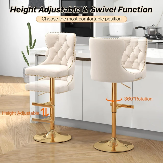 Alt view image 7 of 7 - Velvet Swivel Bar Stools Set of 4 with Tufted Back & Gold Base, Beige