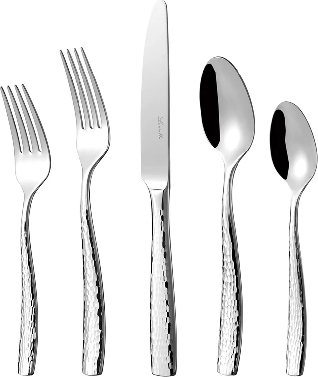 Main image of 45-Piece Hammered 18/10 Forged Silverware Set and serving utensils