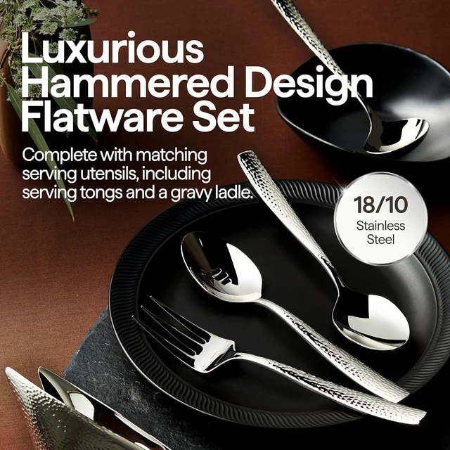 Alt view image 2 of 7 - 45-Piece Hammered 18/10 Forged Silverware Set and serving utensils