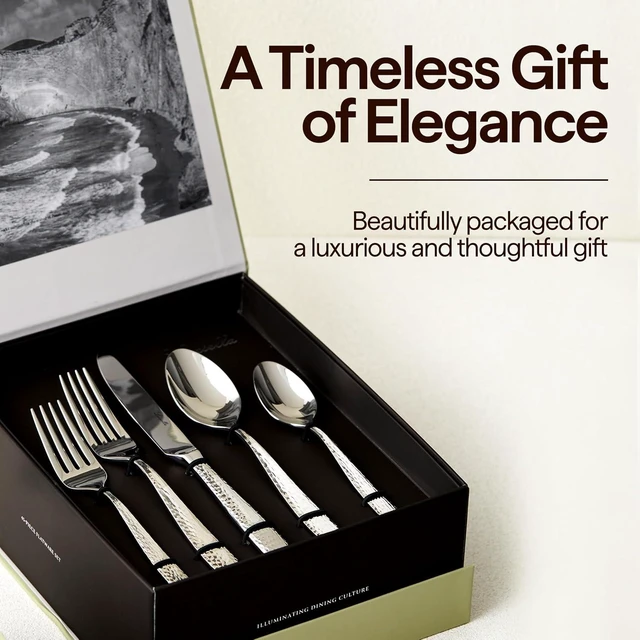 Alt view image 3 of 7 - 45-Piece Hammered 18/10 Forged Silverware Set and serving utensils