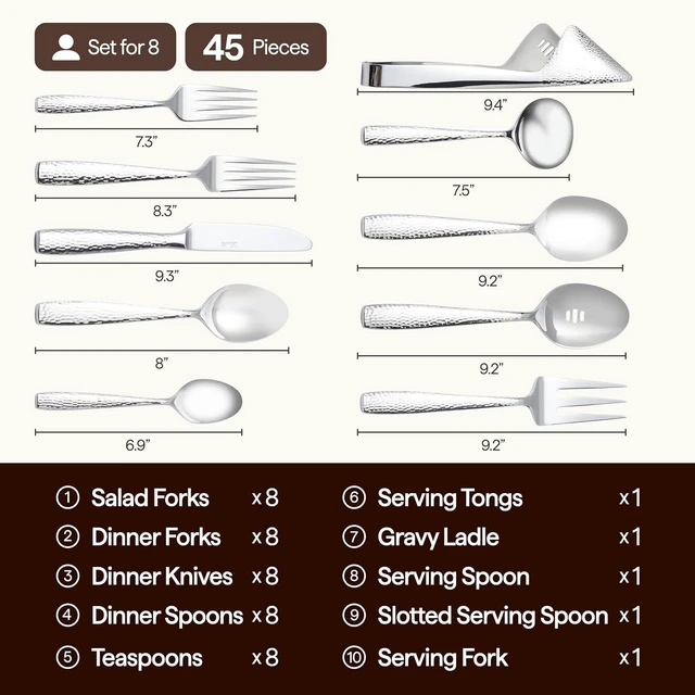 Alt view image 4 of 7 - 45-Piece Hammered 18/10 Forged Silverware Set and serving utensils