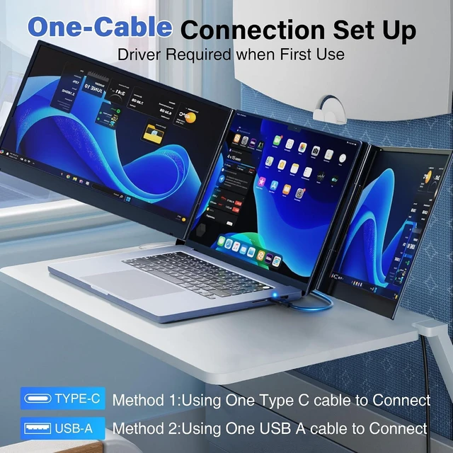 Alt view image 4 of 7 - One Cable Connect Laptop Screen Extender Monitor Portable, Ultra Thin 15.6" 1080P FHD Triple Screen, Fit 13-17" Laptop, Plug & Play Compatiable with Win/Mac/Chrome/Android