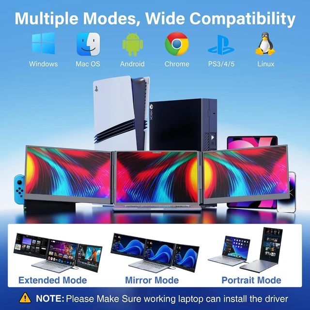 Alt view image 7 of 7 - One Cable Connect Laptop Screen Extender Monitor Portable, Ultra Thin 15.6" 1080P FHD Triple Screen, Fit 13-17" Laptop, Plug & Play Compatiable with Win/Mac/Chrome/Android