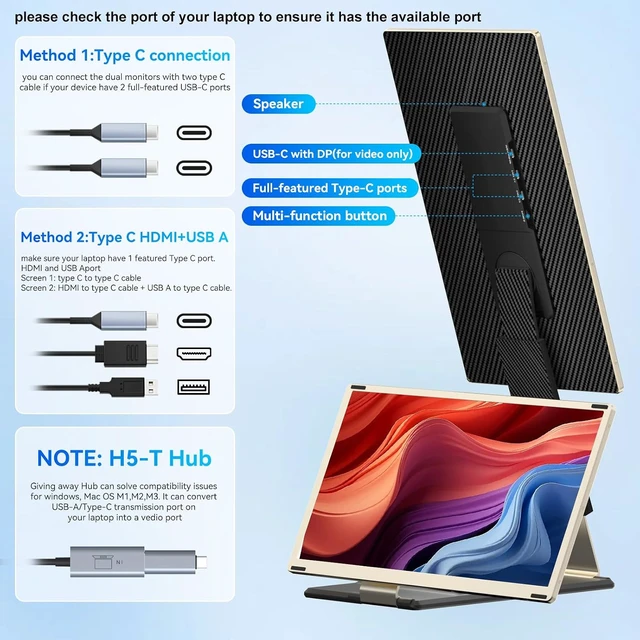 Alt view image 5 of 6 - Laptop Screen Extender,15.6" Portable Monitor, FHD 1080P Ultra-Slim Travel Monitor with Speakers, Triple Display Extension, Compatible with 13-17.3" Laptops