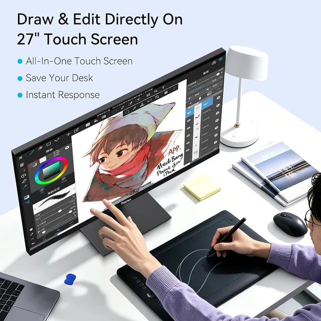 Alt view image 2 of 7 - Touchscreen Monitor 27" 2K 100Hz Gaming Monitor, QHD 2560x1440 IPS PC Monitors, 10-Point Touch Screen Computer Monitors, with USB C HDMI DP Ports, Built-in Speakers