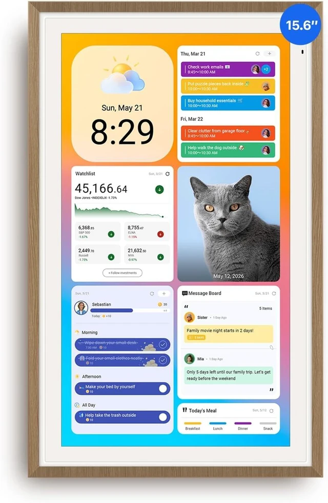 Main image of 15.6-inch Digital Calendar, No-Subscription, Smart Wall Planner with Calendar Sync, Chore Chart, Meal, Apps & Dashboard, Electronic Display for Schedules, Dual Mode, with Stand (Teak)