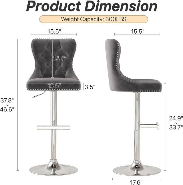 Alt view image 3 of 7 - Velvet Swivel Bar Stools Set of 4 with Tufted Back & Steel Base, Gray