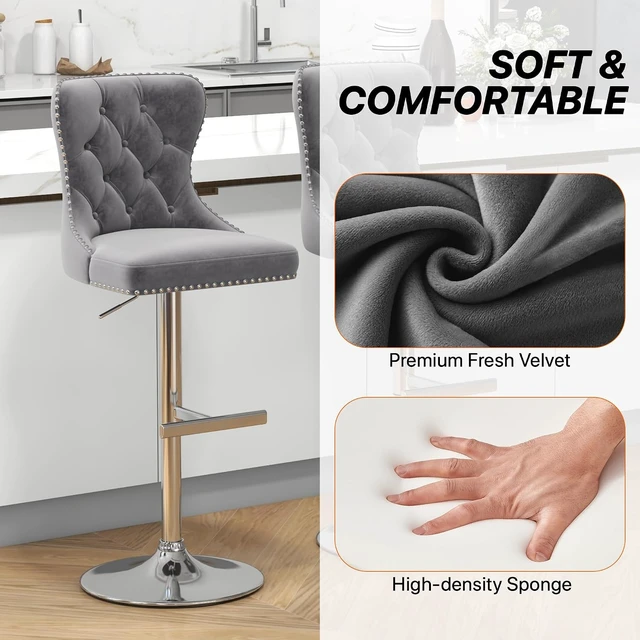 Alt view image 4 of 7 - Velvet Swivel Bar Stools Set of 4 with Tufted Back & Steel Base, Gray