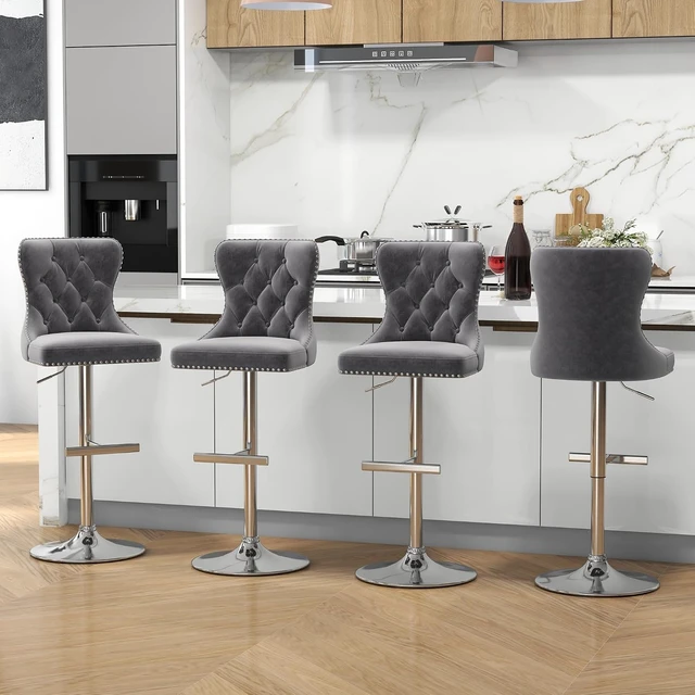 Alt view image 2 of 7 - Velvet Swivel Bar Stools Set of 4 with Tufted Back & Steel Base, Gray