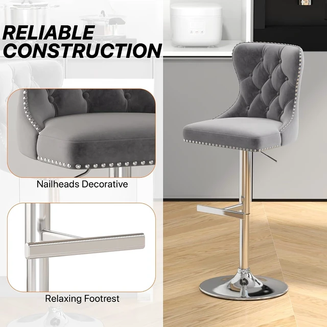 Alt view image 5 of 7 - Velvet Swivel Bar Stools Set of 4 with Tufted Back & Steel Base, Gray