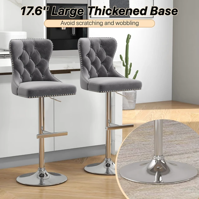 Alt view image 6 of 7 - Velvet Swivel Bar Stools Set of 4 with Tufted Back & Steel Base, Gray