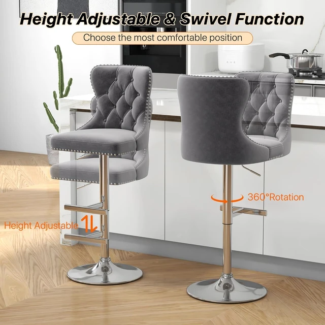 Alt view image 7 of 7 - Velvet Swivel Bar Stools Set of 4 with Tufted Back & Steel Base, Gray