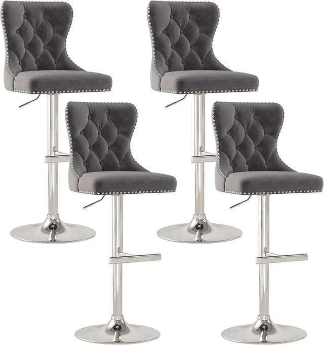 Main image of Velvet Swivel Bar Stools Set of 4 with Tufted Back & Steel Base, Gray