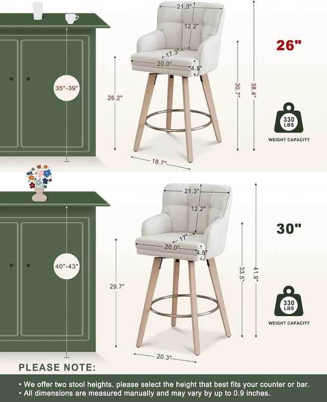 Alt view image 2 of 7 - 360°Swivel Counter Height Bar Stools with Back, 26 inch Solid Wood Legs, Bar Stool Modern Kitchen Island Chairs, Fabric (Beige- Fabric, 26" H- Set of 2)