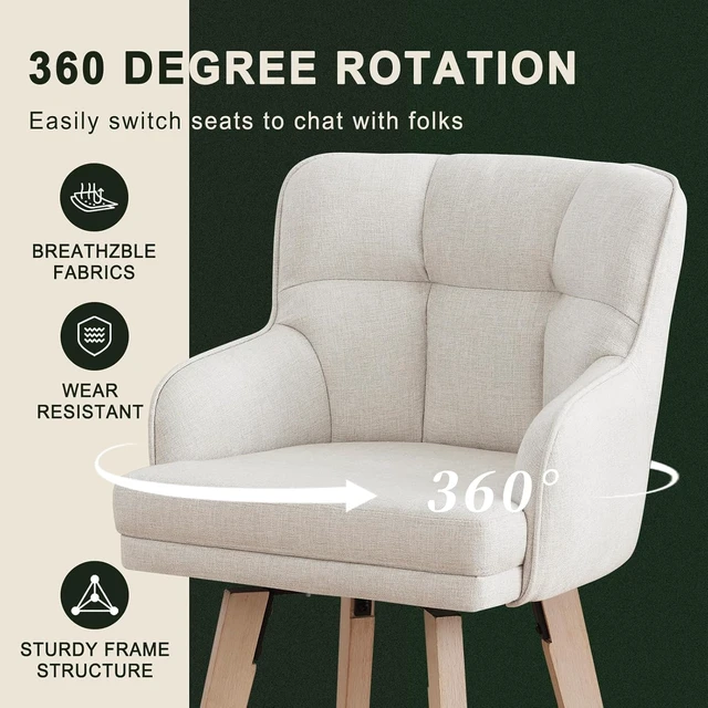 Alt view image 3 of 7 - 360°Swivel Counter Height Bar Stools with Back, 26 inch Solid Wood Legs, Bar Stool Modern Kitchen Island Chairs, Fabric (Beige- Fabric, 26" H- Set of 2)