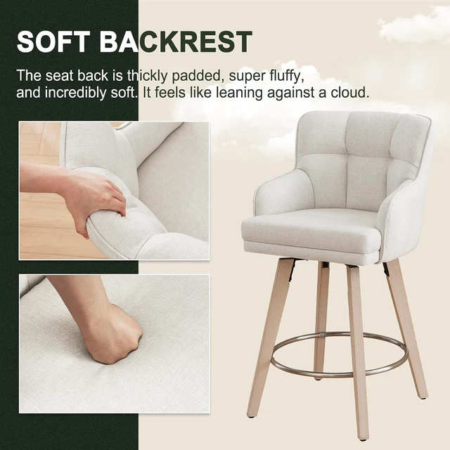 Alt view image 5 of 7 - 360°Swivel Counter Height Bar Stools with Back, 26 inch Solid Wood Legs, Bar Stool Modern Kitchen Island Chairs, Fabric (Beige- Fabric, 26" H- Set of 2)