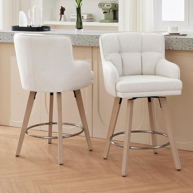 Alt view image 7 of 7 - 360°Swivel Counter Height Bar Stools with Back, 26 inch Solid Wood Legs, Bar Stool Modern Kitchen Island Chairs, Fabric (Beige- Fabric, 26" H- Set of 2)