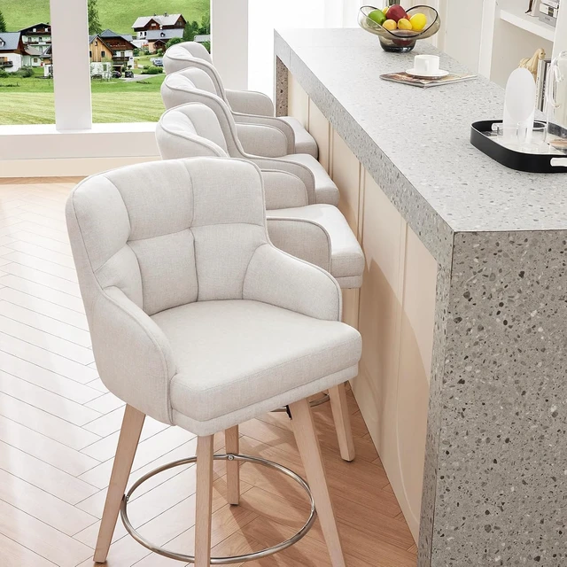 Alt view image 6 of 7 - 360°Swivel Counter Height Bar Stools with Back, 26 inch Solid Wood Legs, Bar Stool Modern Kitchen Island Chairs, Fabric (Beige- Fabric, 26" H- Set of 2)