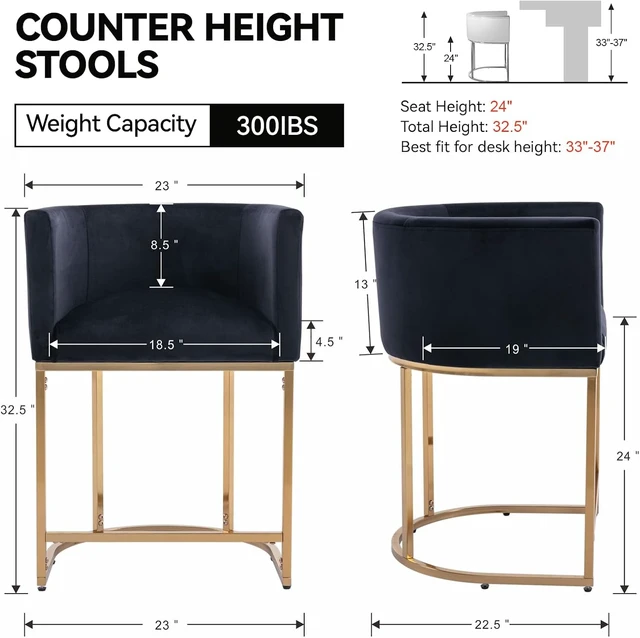 Alt view image 2 of 7 - Black Velvet Bar Stools Set of 2, 24" Contemporary Upholstered Fabric Counter Height Barstools Kitchen Counter Island Stools with Golden Metal Base