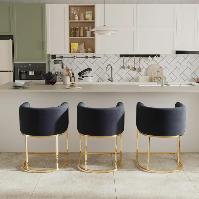 Alt view image 3 of 7 - Black Velvet Bar Stools Set of 2, 24" Contemporary Upholstered Fabric Counter Height Barstools Kitchen Counter Island Stools with Golden Metal Base
