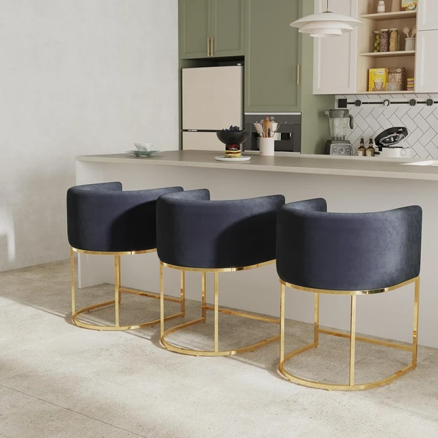 Alt view image 7 of 7 - Black Velvet Bar Stools Set of 2, 24" Contemporary Upholstered Fabric Counter Height Barstools Kitchen Counter Island Stools with Golden Metal Base