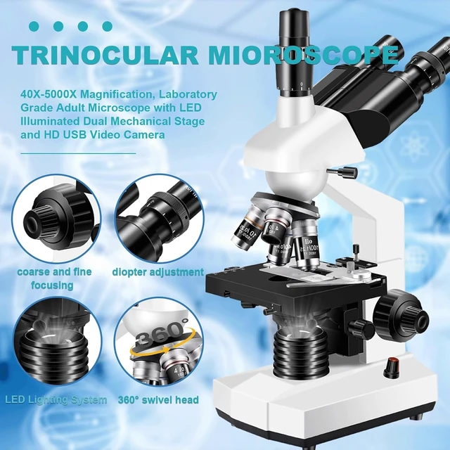 Alt view image 6 of 7 - Trinocular Microscope 40X-5000X Magnification Laboratory Grade with Dual Mechanical Stage and HD USB Camera Microscopes for AdultsAdult Trinocular Microscope with Electronic Eyepiece