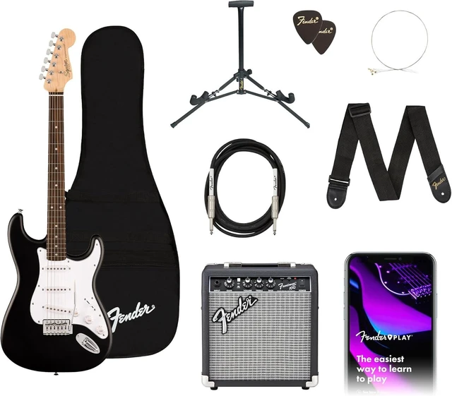 Main image of Squier Debut Series Stratocaster Electric Guitar Kit, Beginner Guitar Kit, with 2-Year Warranty, with Padded Gig Bag, Frontman 10G Amp, Strap, and More, Includes Free Lessons, Black