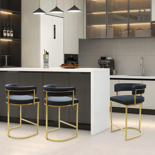 Main image of Set of 3 Black Modern Velvet Bar Stools with Barrel Backrest, Upholstered Seat, and Gold Metal Footrest 25.6-Inch Seat Height, Ideal for Counters, Home Bars, and Kitchen Islands