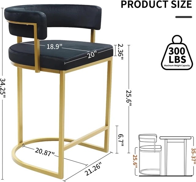 Alt view image 2 of 7 - Set of 3 Black Modern Velvet Bar Stools with Barrel Backrest, Upholstered Seat, and Gold Metal Footrest 25.6-Inch Seat Height, Ideal for Counters, Home Bars, and Kitchen Islands