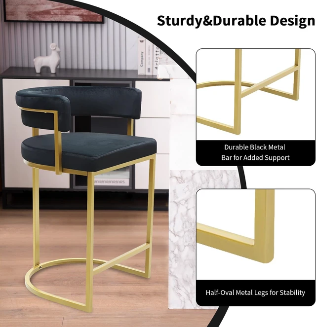 Alt view image 3 of 7 - Set of 3 Black Modern Velvet Bar Stools with Barrel Backrest, Upholstered Seat, and Gold Metal Footrest 25.6-Inch Seat Height, Ideal for Counters, Home Bars, and Kitchen Islands