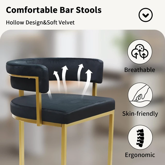 Alt view image 4 of 7 - Set of 3 Black Modern Velvet Bar Stools with Barrel Backrest, Upholstered Seat, and Gold Metal Footrest 25.6-Inch Seat Height, Ideal for Counters, Home Bars, and Kitchen Islands